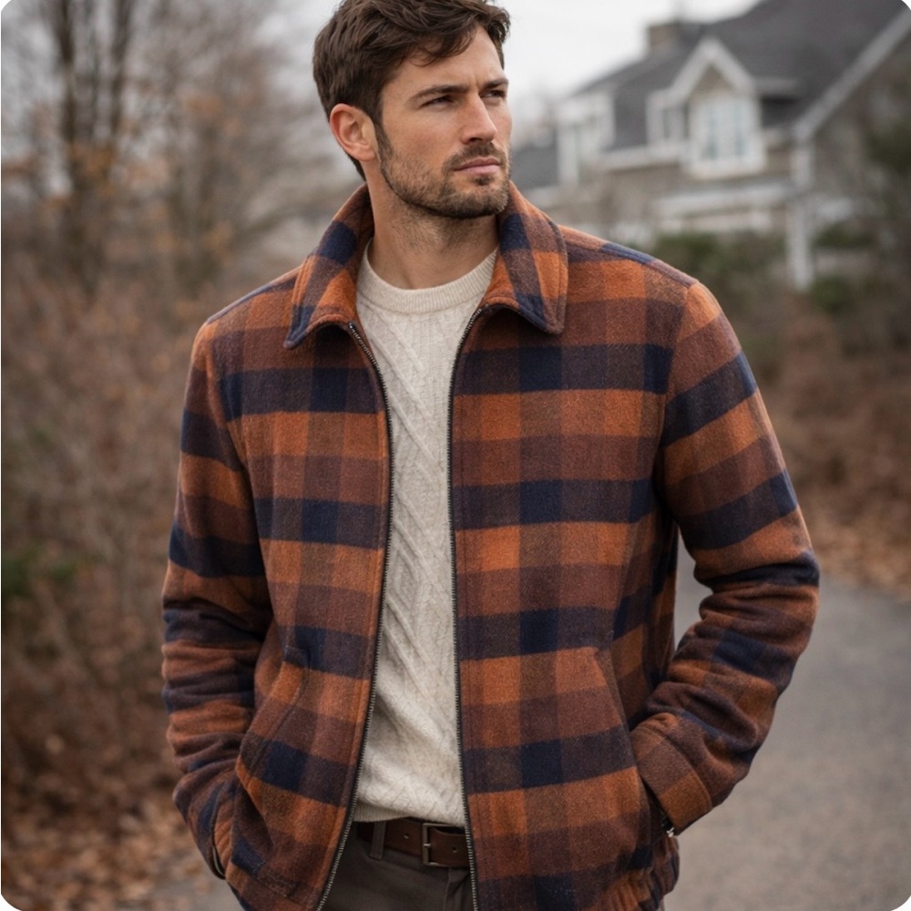 Murano Zip Front Wool Blend Jacket Men's Size XL Orange Blue Check NWT!